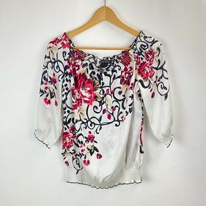 White House Black Market Off Shoulders White Floral Print Top